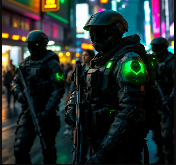 도시의 밤거리에서 첨단 장비를 착용한 군인들이 작전 중인 모습. 어두운 배경에 네온사인 불빛이 반짝이며, 군인의 헬멧과 갑옷에는 녹색 LED 조명이 빛나고 있다. 군인들은 중무장을 하고 있으며, 긴장감이 흐르는 분위기 속에서 시민들이 뒤쪽에 흐릿하게 보인다