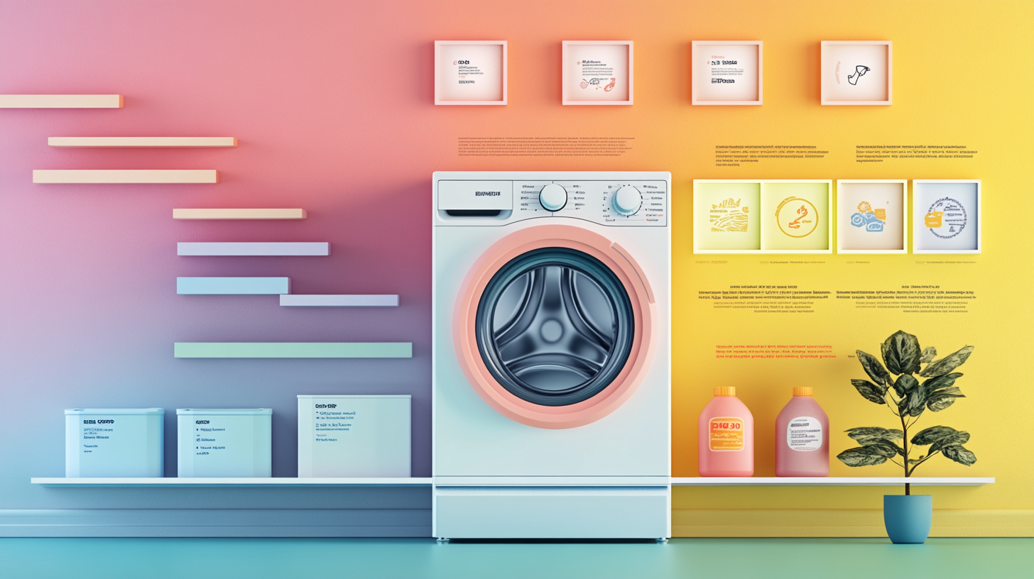 현대 세탁기의 다양한 기능과 장점을 설명하는 인포그래픽으로, 에너지 효율성과 저소음 설계를 강조합니다.