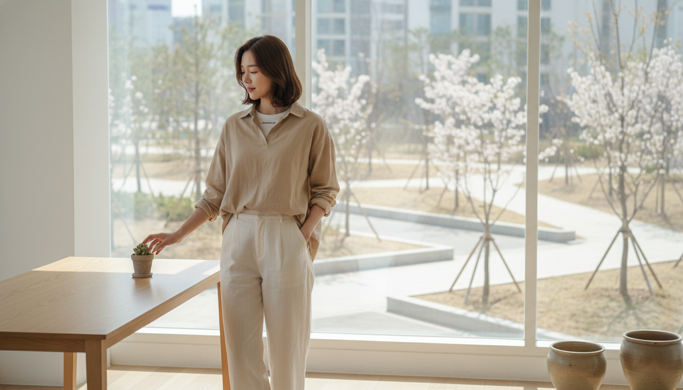 한국 여성이 오가닉 코튼 셔츠와 린넨 팬츠를 입고 자연 친화적인 미니멀리즘 스타일을 선보이는 모습
