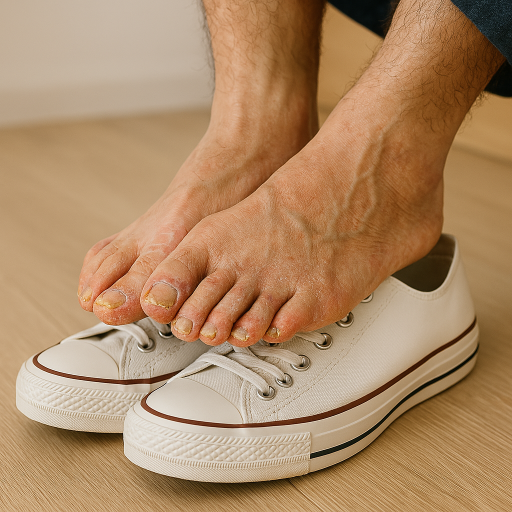 운동화 위에서 발을 비비는 사진