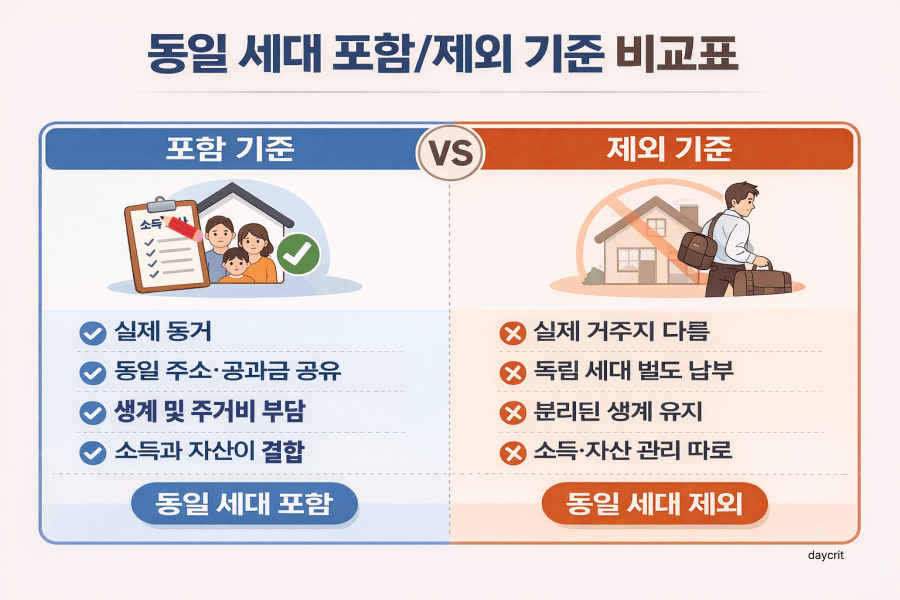 비교 인포그래픽: 동일 세대 포함/제외 기준 비교표