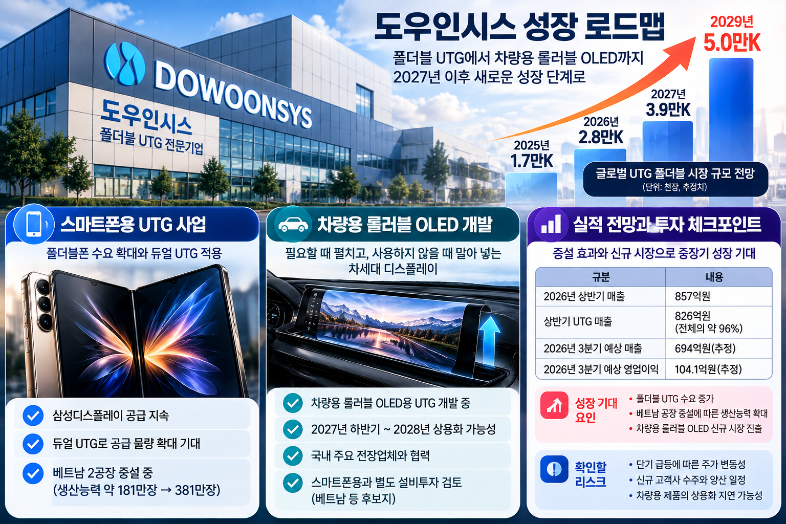 도우인시스 주가 전망과 2027년 성장 가능성, 베트남 2공장 증설, 폴더블 UTG 공급 확대 및 차량용 롤러블 OLED 사업 투자 체크포인트를 정리한 이미지