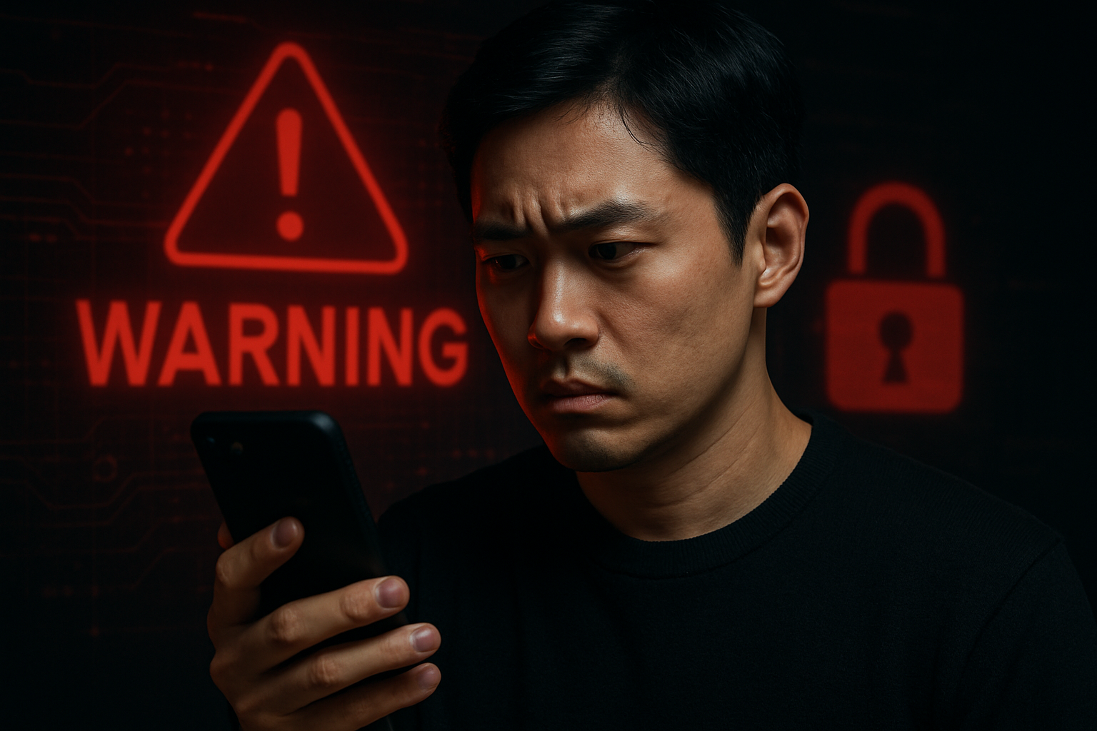 유심 해킹과 보이스피싱 위협 속에서 스마트폰을 들고 경계하는 남성