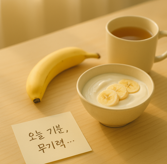 기분 좋아지는 바나나와 요거트 식단과 포스트잇에 "오늘 기분, 무기력" 이라고 적혀있는 사진