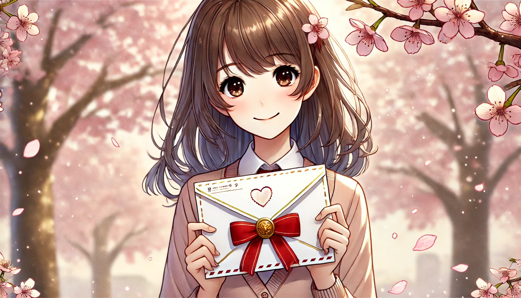 감사 메시지를 담은 봉투를 들고 따뜻하게 웃고 있는 애니메이션 스타일의 여성 일러스트