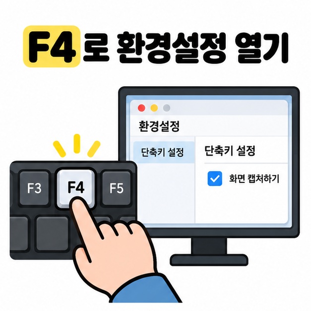 F4로 환경설정 열기 문구 아래 손가락이 F4 키를 누르고 단축키 설정의 캡처 항목이 체크된 모습