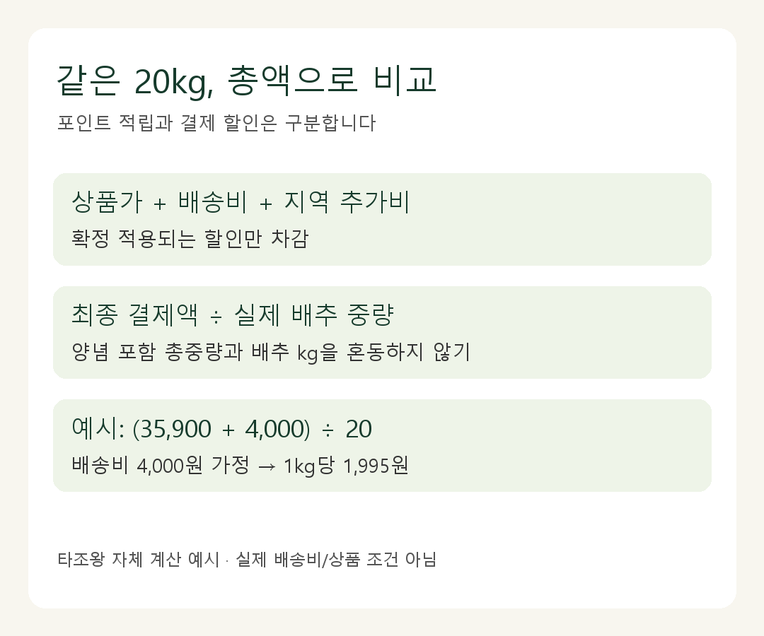 배송비 포함 총액을 실제 배추 중량으로 나누는 실결제 계산 도식