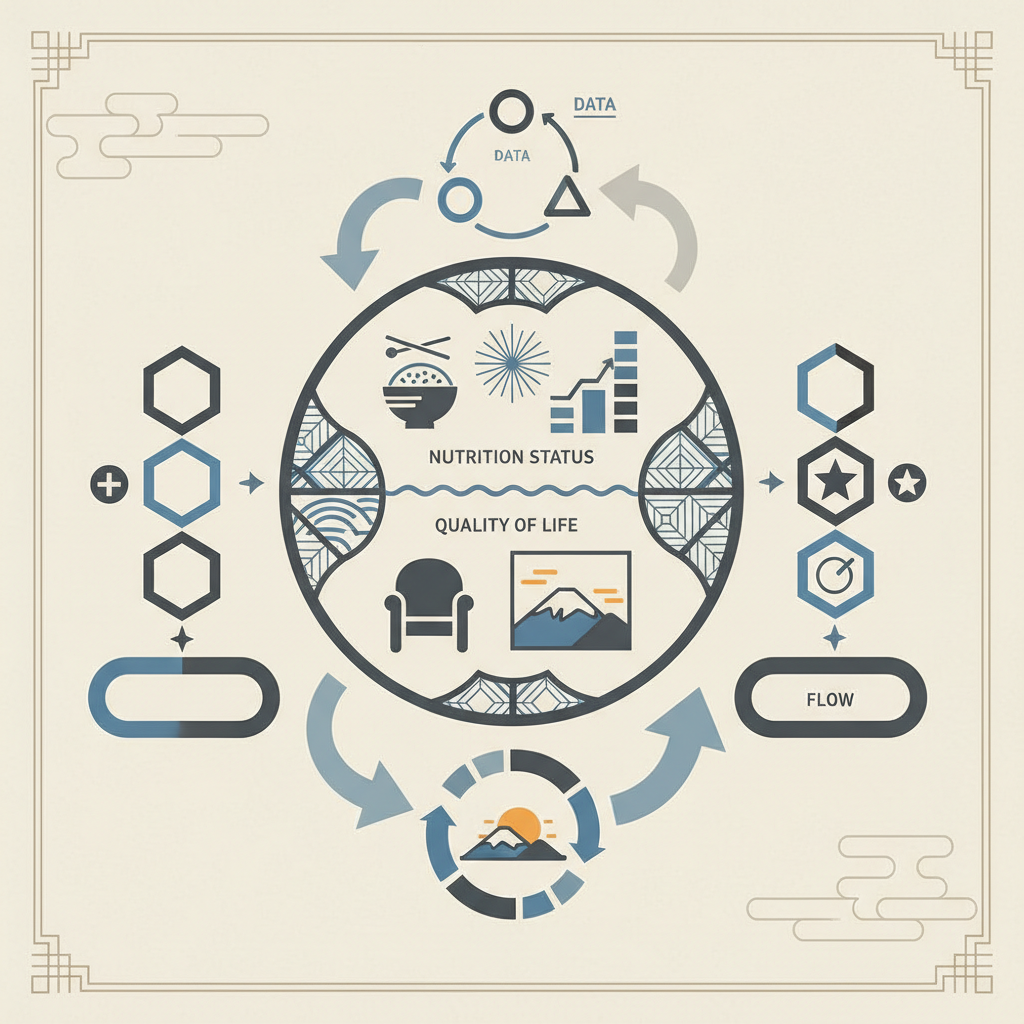 栄養状態の維持が生活の質を規定する要因に関する統計・生理メカニズム・対策を示す政策リポート用インフォグラフィック