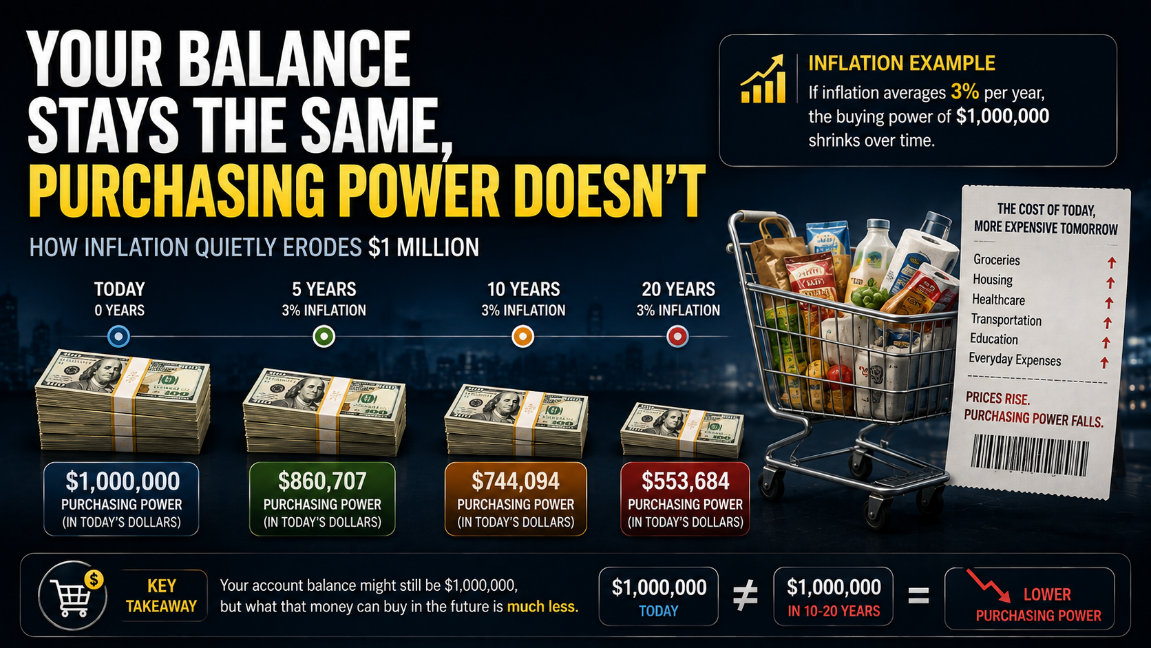 How inflation reduces the real purchasing power of $1 million held in a bank account