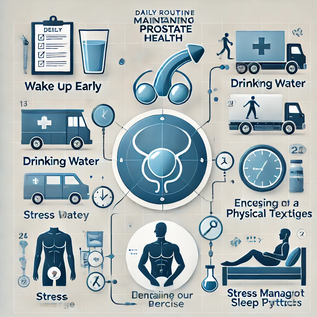 "전립선 건강을 위한 하루 루틴을 설명하는 인포그래픽, 규칙적인 생활 습관과 건강한 식습관 강조"