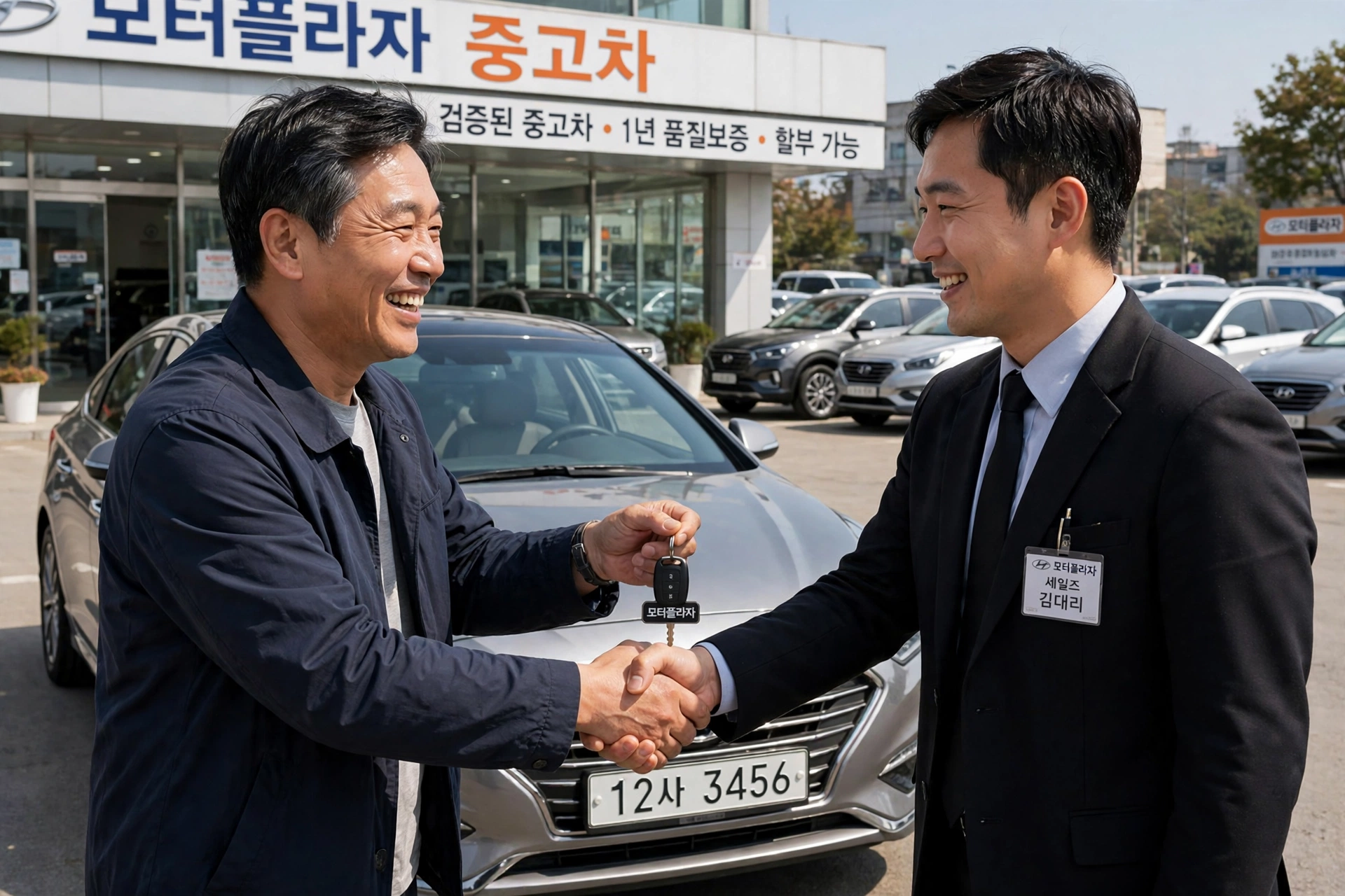 중고차 키를 전달받으며 악수하는 5060대 운전자