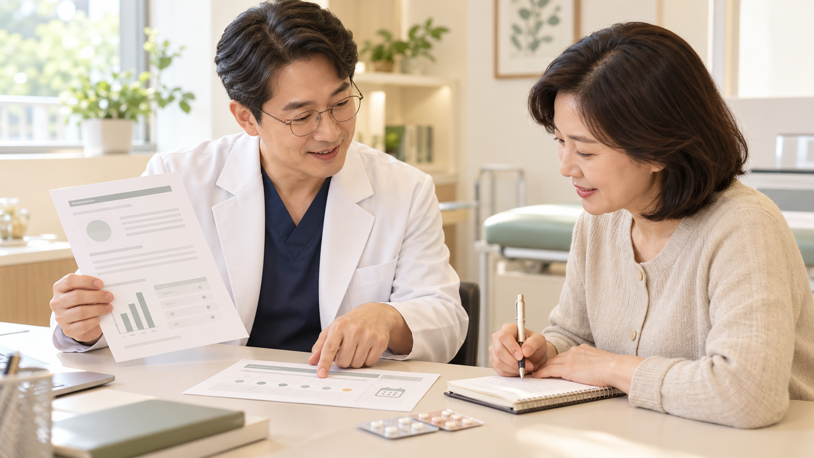 헬리코박터 제균 치료 후 확인검사 일정을 의사와 상의하는 여성