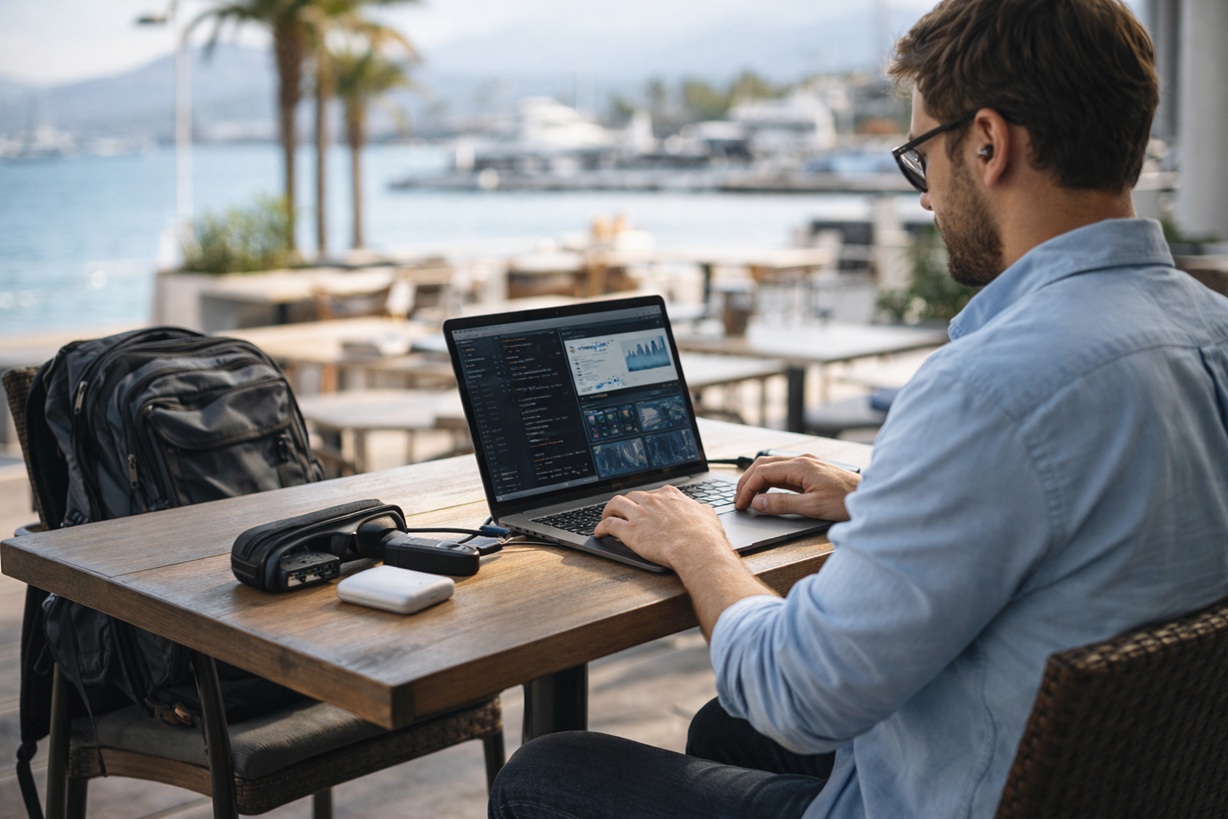 푸른 바다가 보이는 야외 테라스에서 한 남자가 노트북으로 코딩 작업을 하고 있다. 책상 위에는 AR 글래스 케이스, 보조 배터리, 검은색 백팩이 놓여 있으며, 남자는 스마트 글래스를 착용하고 업무에 몰입하고 있는 모습