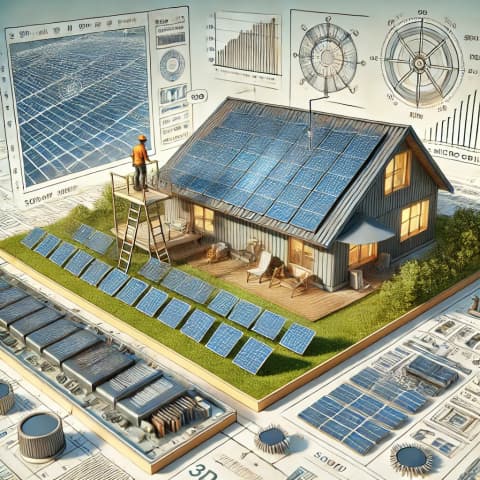 옥상 혹은 지상에 설치된 대규모 태양광 패널을 점검하는 엔지니어
CAD 화면에서 태양광 시스템 레이아웃을 작업 중인 모습
태양광 셀(실리콘 웨이퍼, 전극 등) 부품 클로즈업
오프그리드 환경에서 배터리·패널로 전력을 공급받는 원격지 사례