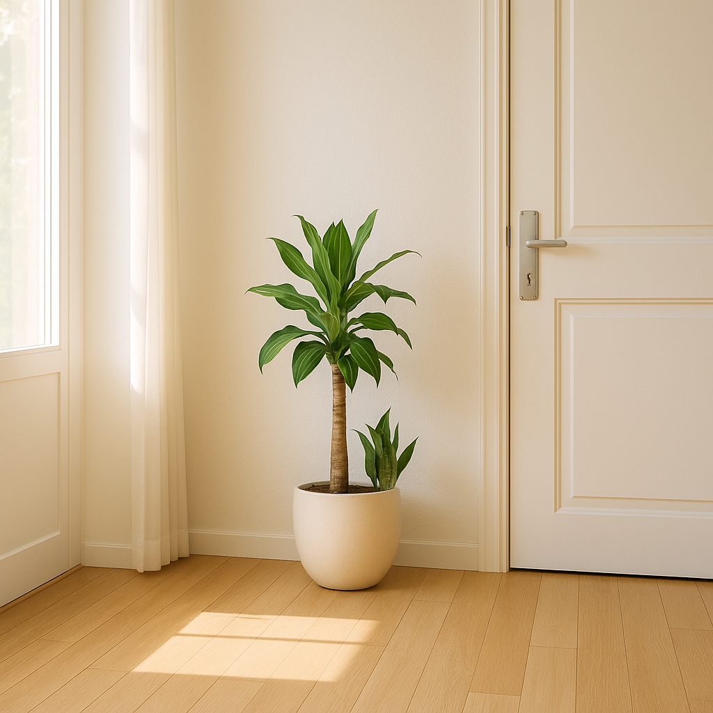 밝은 현관에 행운목 화분이 놓여 있는 인테리어