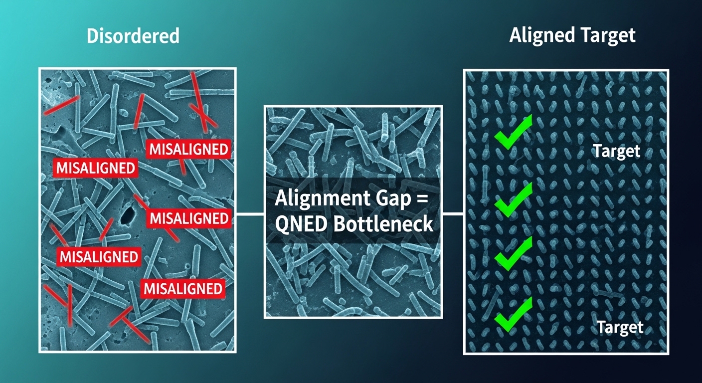 Microscopic visualization of nanorod LED alignment problem. Left side disordered nanorod rods scattered in random directions on substrate surface, red misaligned warning marks. Right side perfectly aligned parallel nanorod array with green target checkmarks. Center magnified scanning electron microscope style nanoscale view. Teal and dark background. English labels Disordered, Aligned Target, Alignment Gap = QNED Bottleneck. English only.