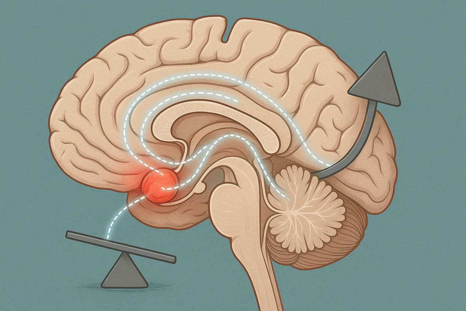 뇌 단면, 편도체가 붉게 활성화되고 전두엽과 균형을 잃은 장면