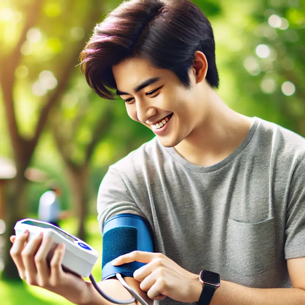 공원에서 혈압을 측정하며 미소 짓는 동양인 남성