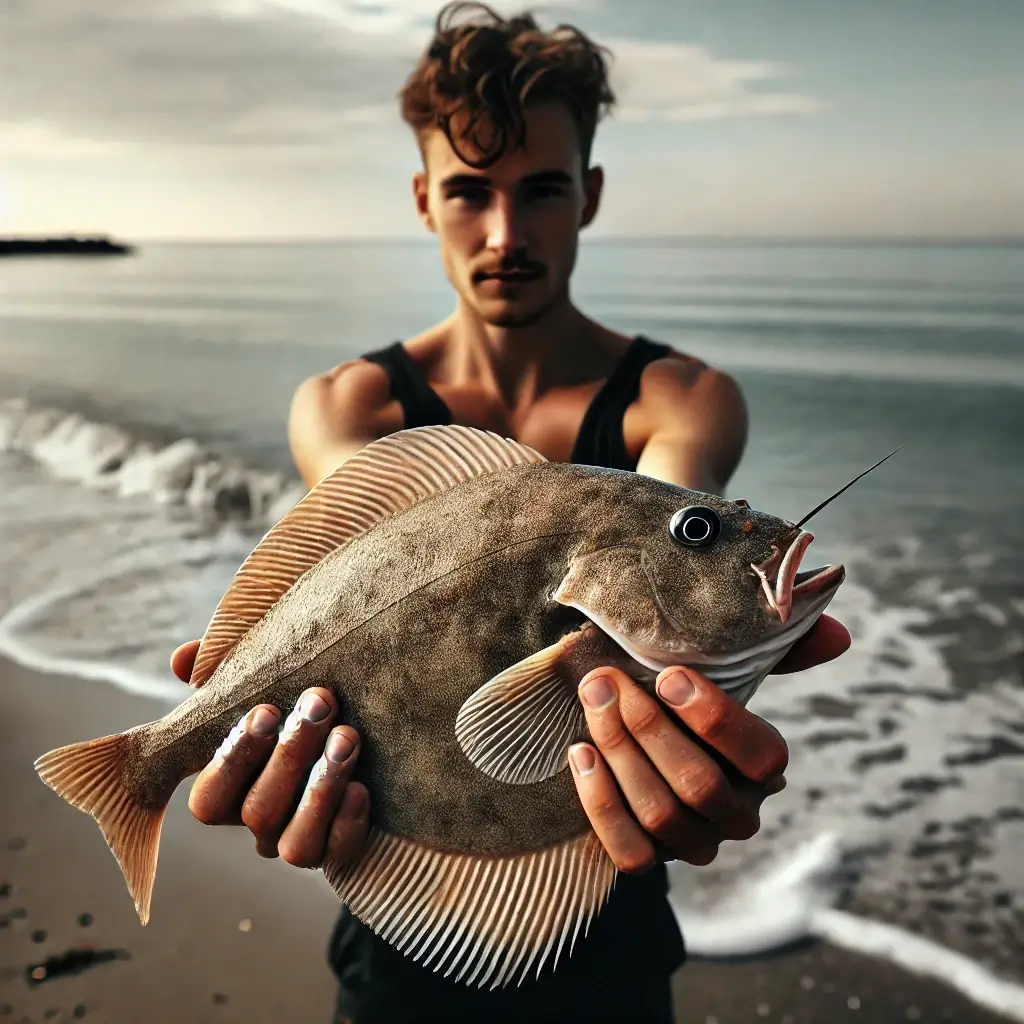 갓 잡은 도다리를 들고 있는 낚시꾼