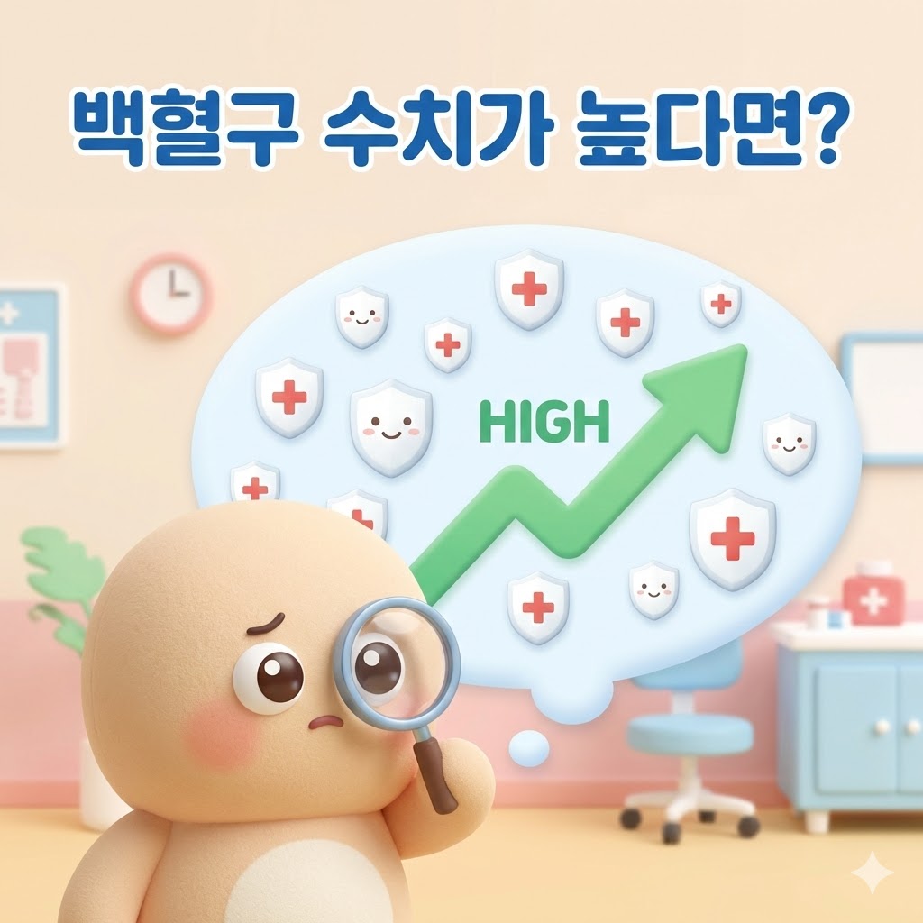 걱정스러운 표정의 귀여운 캐릭터가 백혈구 수치 증가를 나타내는 차트와 '백혈구 수치가 높다면?'이라는 글자를 살펴보는 모습, 건강 정보를 암시.