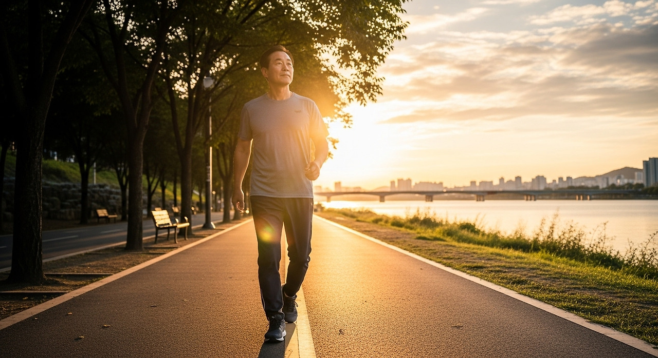 노을 진 한강 산책로에서 한국인 시니어 남성이 호흡을 맞추며 여유 있게 걷는 모습