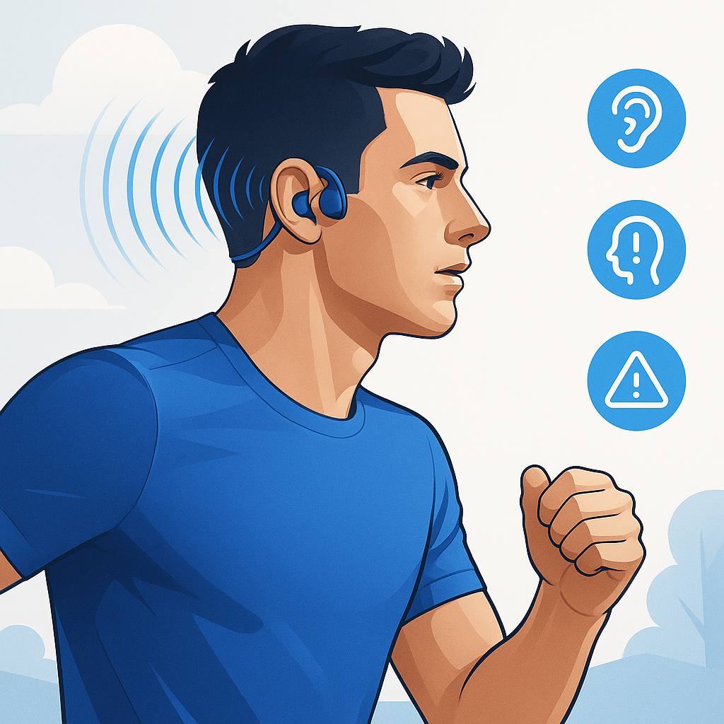 골전도 이어폰 착용 모습과 작동 원리를 보여주는 일러스트, 야외 운동 중 안전한 사용을 강조