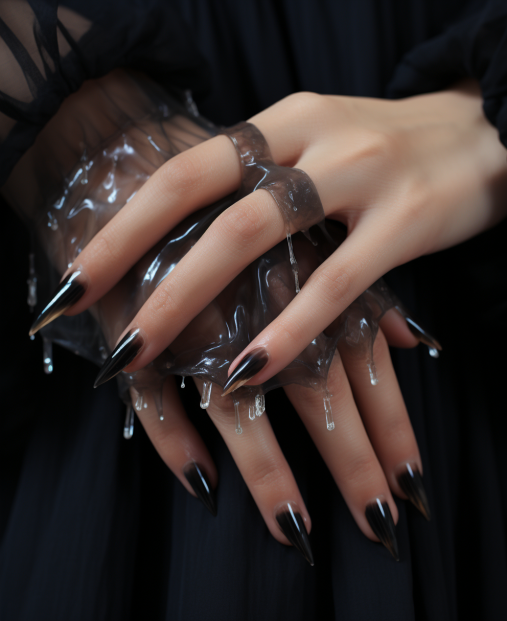 할로윈 분위기가 가득한 마녀 모습의 스틸레토 쉐입 네일아트, 검정 컬러