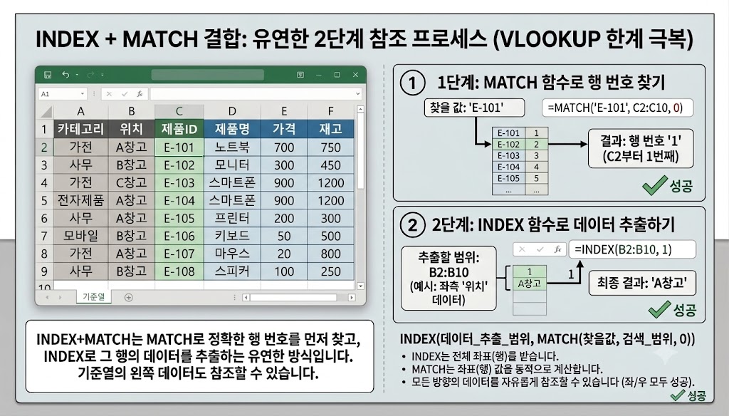 INDEX 함수의 추출 범위와 MATCH 함수의 검색 범위가 색상별로 구분된 수식 입력창 캡처