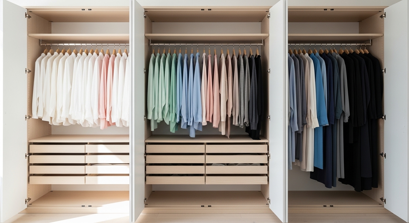 색상별로 깔끔하게 정돈된 미니멀리즘 옷장