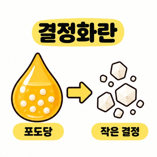 포도당이 작은 결정으로 모이는 과정을 나타낸 그림