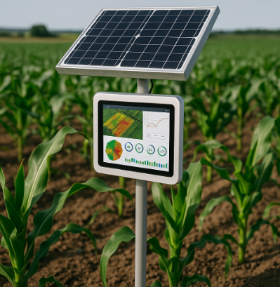 옥수수밭 한가운데 설치된 태양광 기반 작물 분석 장치
