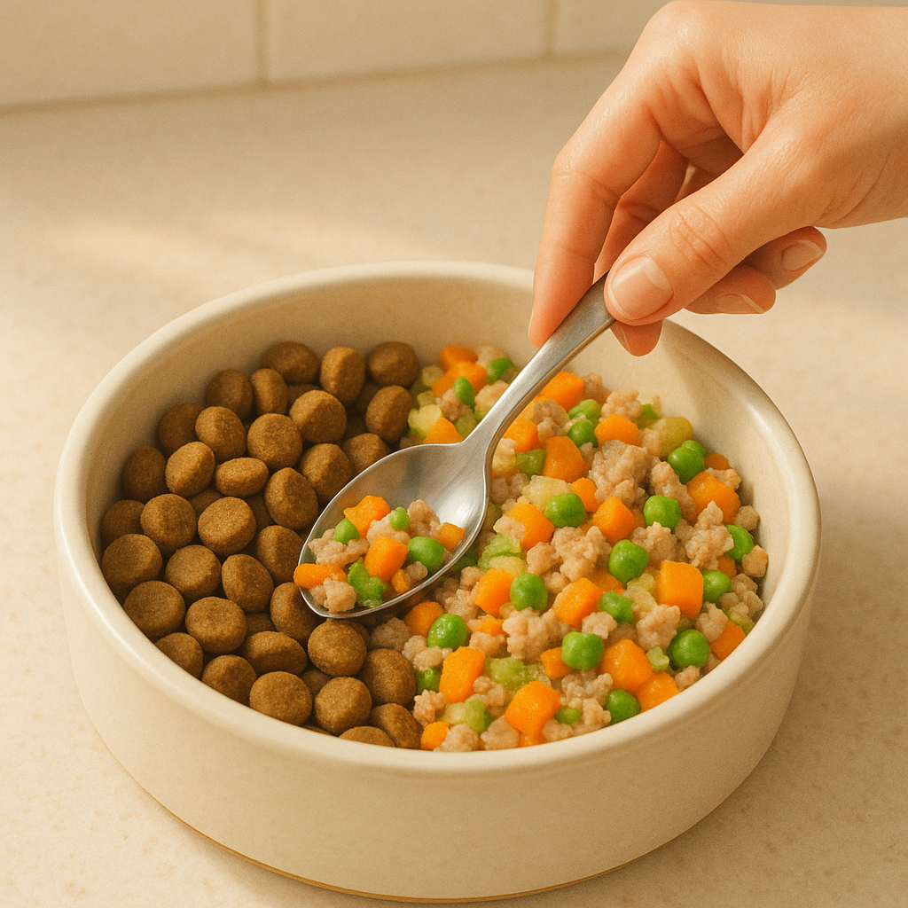 강아지 밥그릇 안에 **기존 건사료(갈색)**와 **새로운 자연식 화식(다채로운 색감)**이 50:50 비율로 나란히 담겨있고 보호자의 손이 숟가락으로 두 가지 음식을 부드럽게 섞는 동작