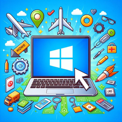 여행 및 기술과 관련된 다양한 아이콘이 노트북 주변에 떠있는 장면