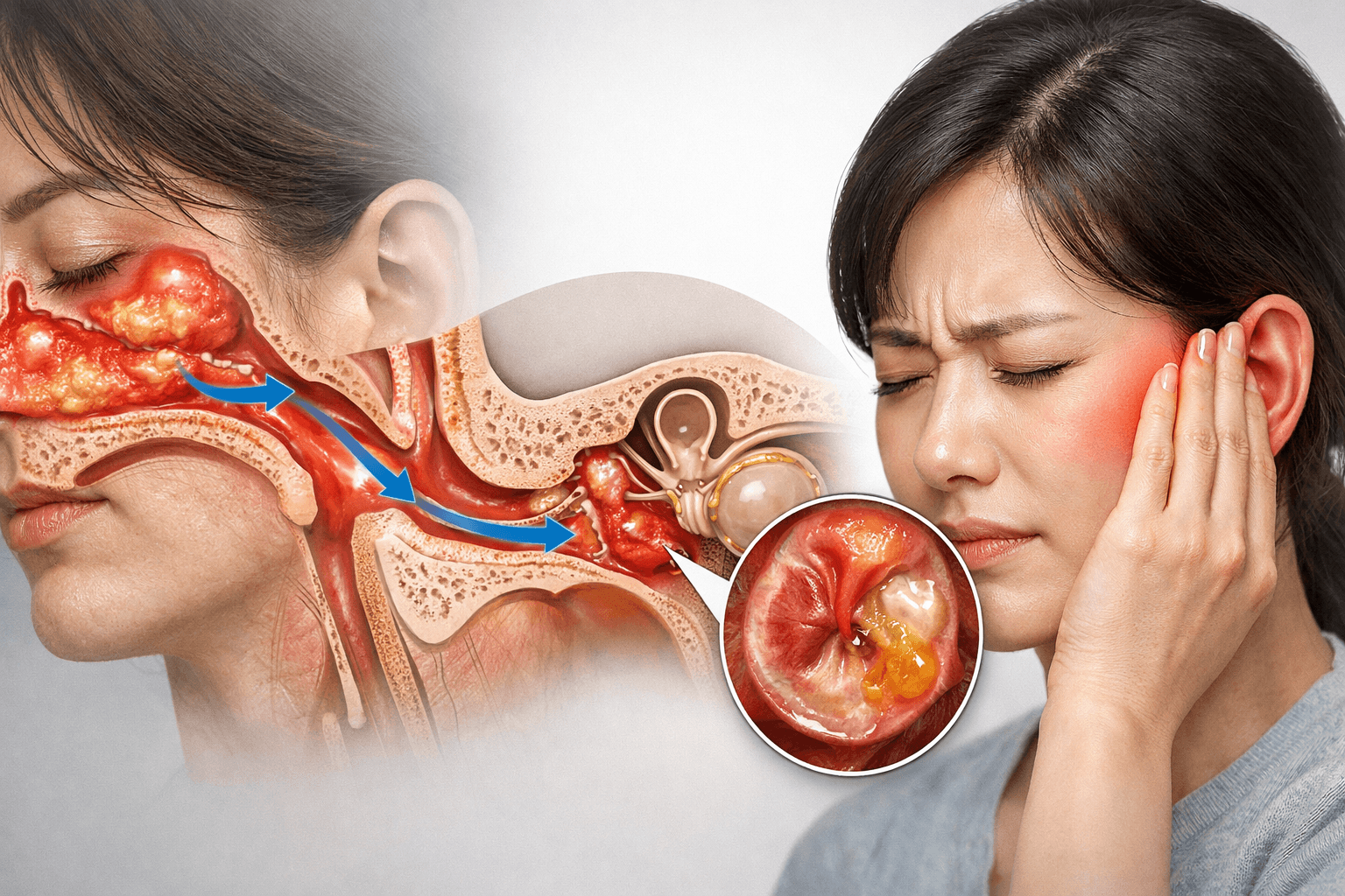 비염으로 인한 코 점막 염증이 이관을 통해 중이로 전달되어 귀 압력 변화와 중이염이 발생하는 과정을 보여주는 의료 일러스트와 귀 통증을 느끼는 한국인 여성