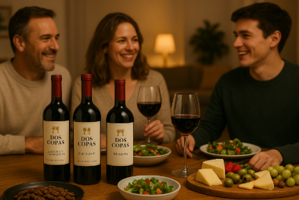 도스 코파스 와인과 함께하는 홈파티 모습, 테이블 위에 도스 코파스 와인 몇 병과 다양한 핑거푸드가 세팅되어 있는 친근한 분위기