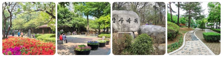 서울 양천구 장수공원의 꽃길과 산책로, 건강지압로 등 힐링 공간 모습