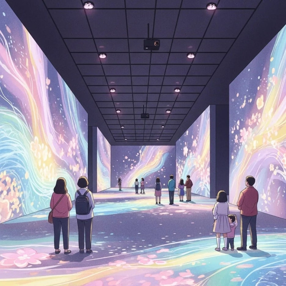 환상적인 빛과 색으로 가득 찬 미디어아트 공간