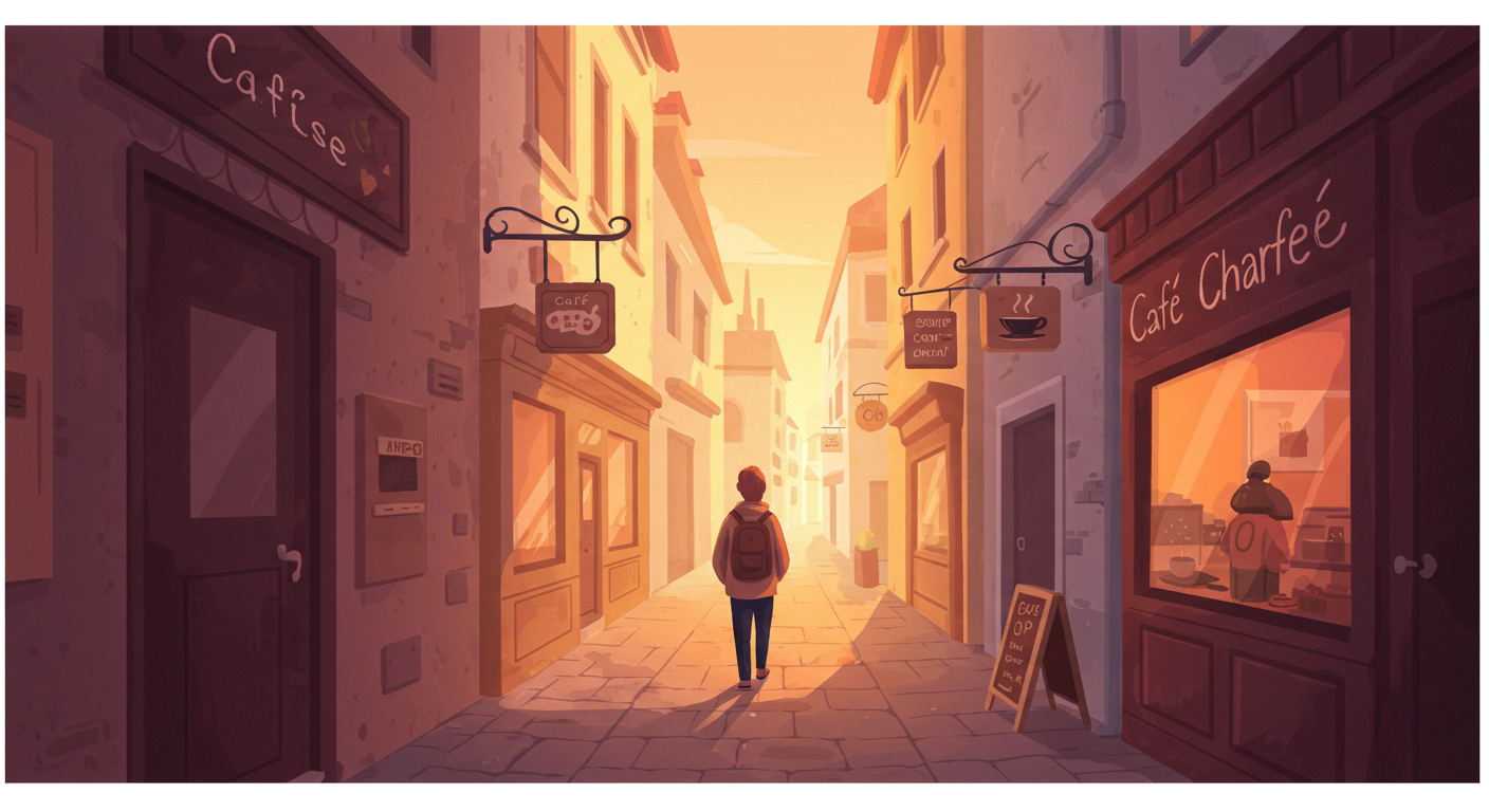 조용한 골목에서 감성 카페를 찾아가는 여행자 모습