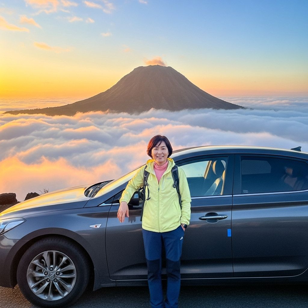 경차 사랑카드, 산 정상을 배경으로 한 자동차에 기대어 한 컷
