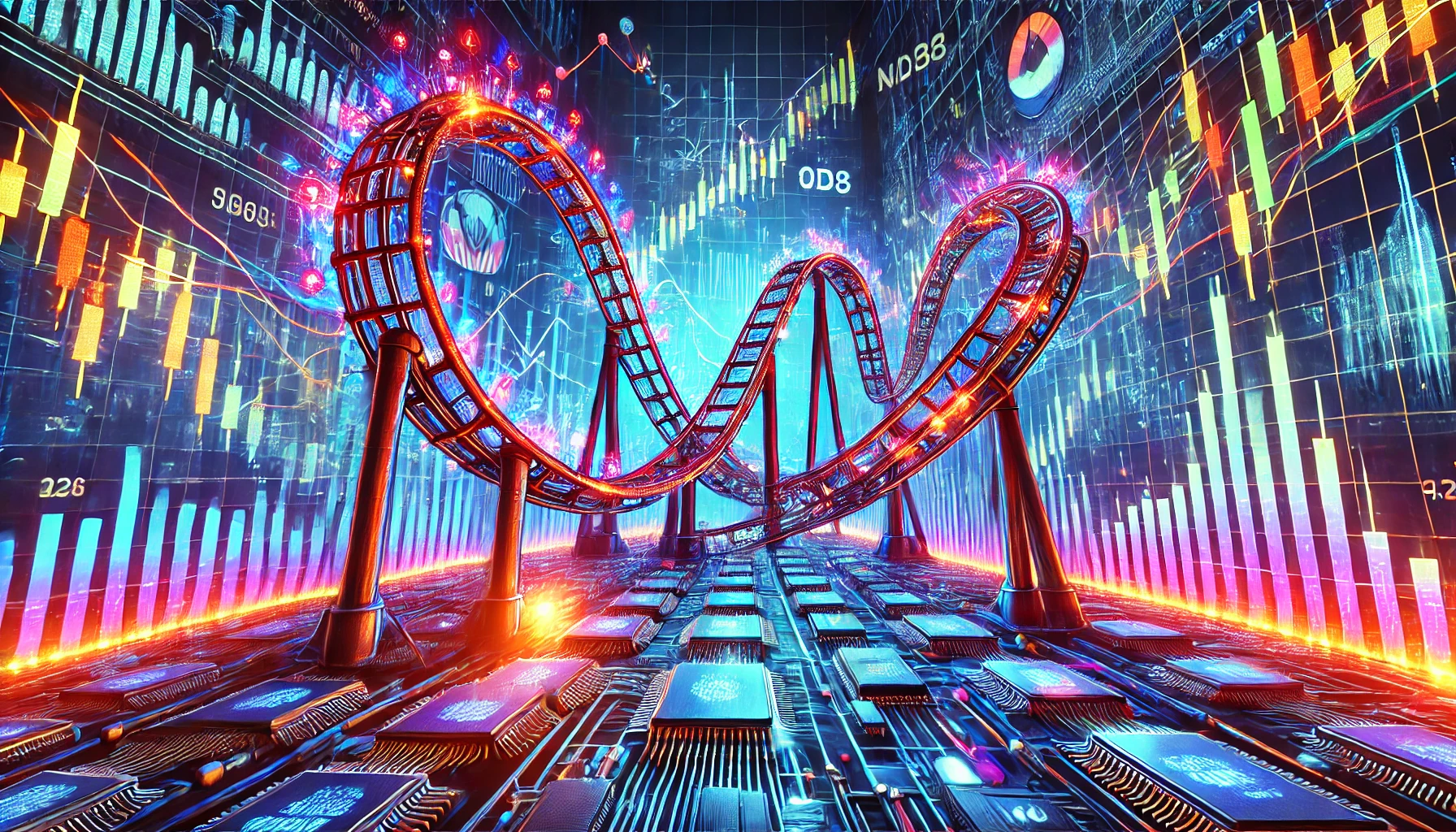반도체 칩과 주식 차트로 만들어진 롤러코스터