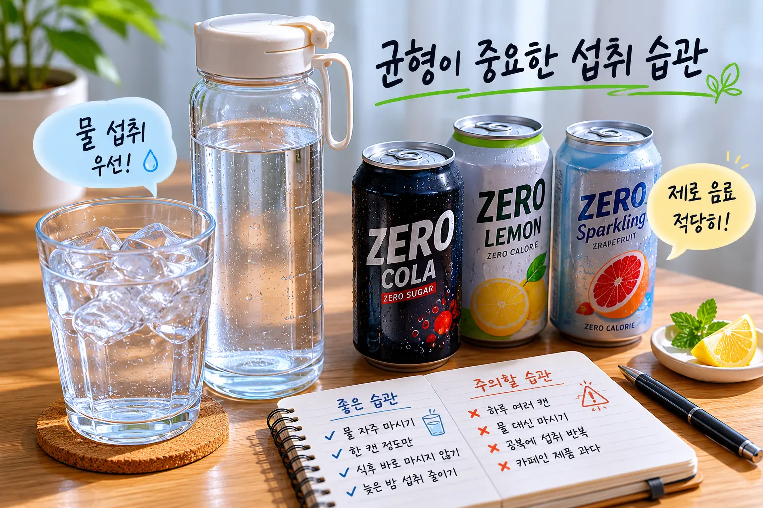 물과 제로 음료를 함께 둔 모습