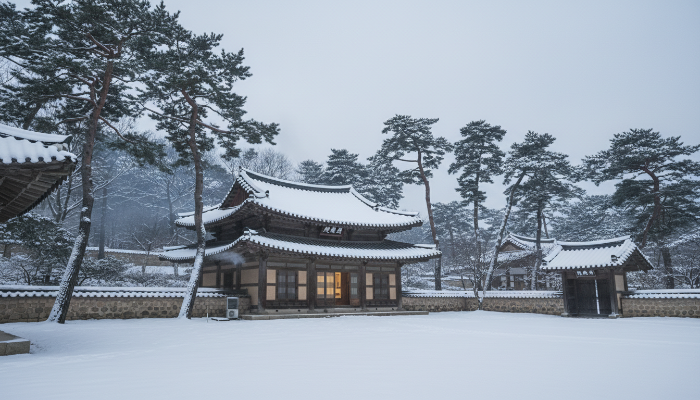 눈 덮인 고요한 한국 전통 사당과 소나무 풍경, 해주 오씨의 유서 깊은 분위기를 상징함
