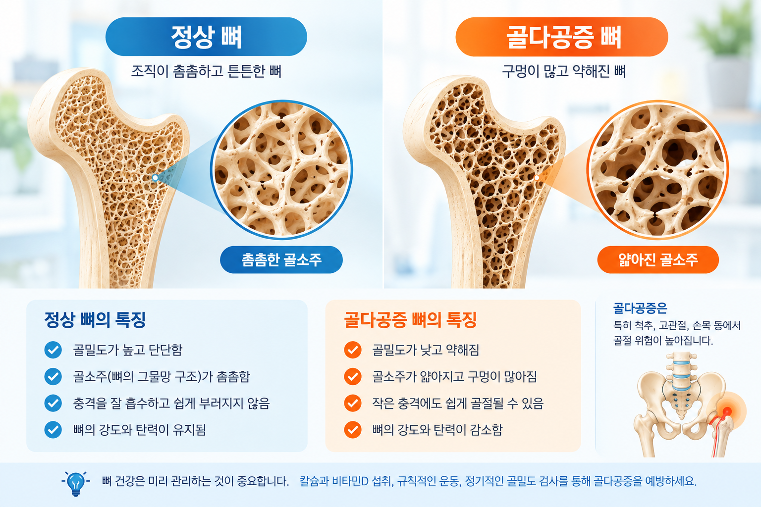 골다고증 조기 발견 가이드 (정상 뼈,골다공증 뼈)