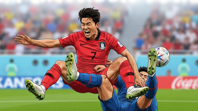 축구 중 태클을 당해 발목이 꺾이는 순간을 표현한 일러스트