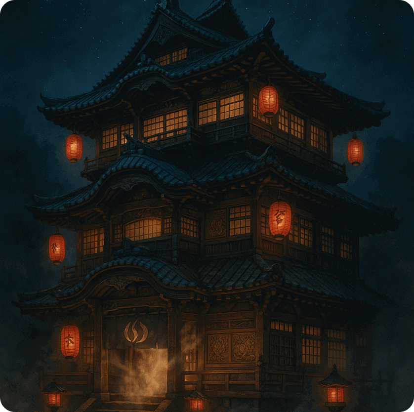 alt="센과 치히로에 등장하는 유바바의 온천장을 모티프로 한 일본 전통 목조 온천 건물 일러스트, 밤 배경과 붉은 등불, 기와 지붕, 김이 피어오르는 신비로운 분위기"