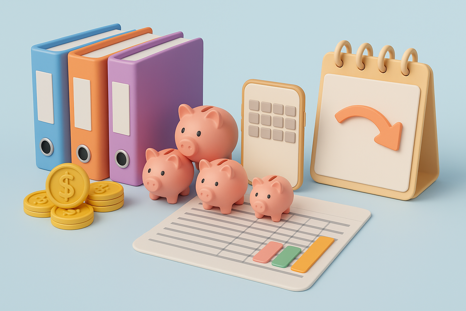 비상금, 통장쪼개기를 상징하는 수첩, 돈, 저금통, 계산기, 노트를 표현한 그림