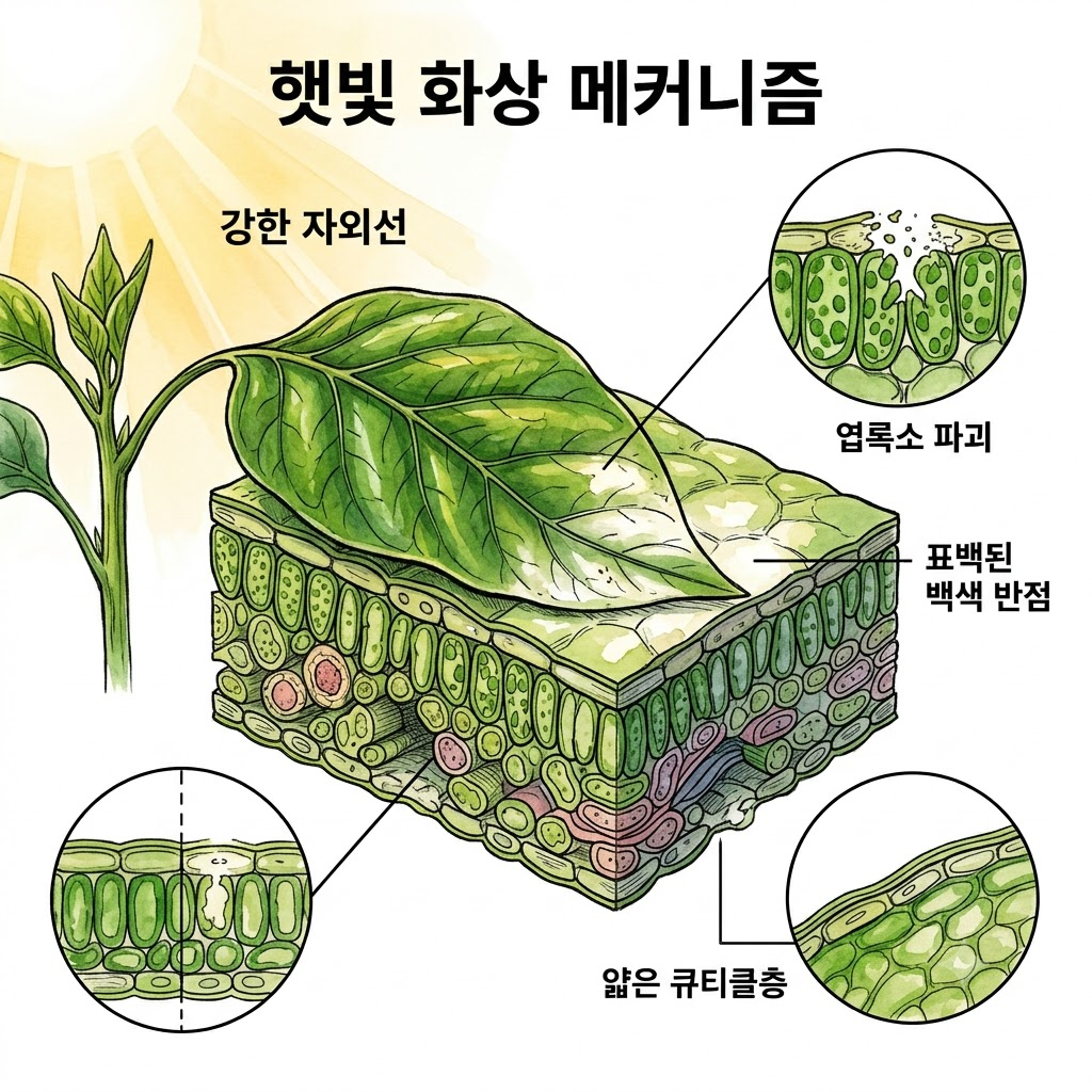 고추 잎 단면에서 강한 햇빛 노출로 엽록소가 산화 표백되어 흰색 반점으로 변하는 과정을 설명하는 인포그래픽