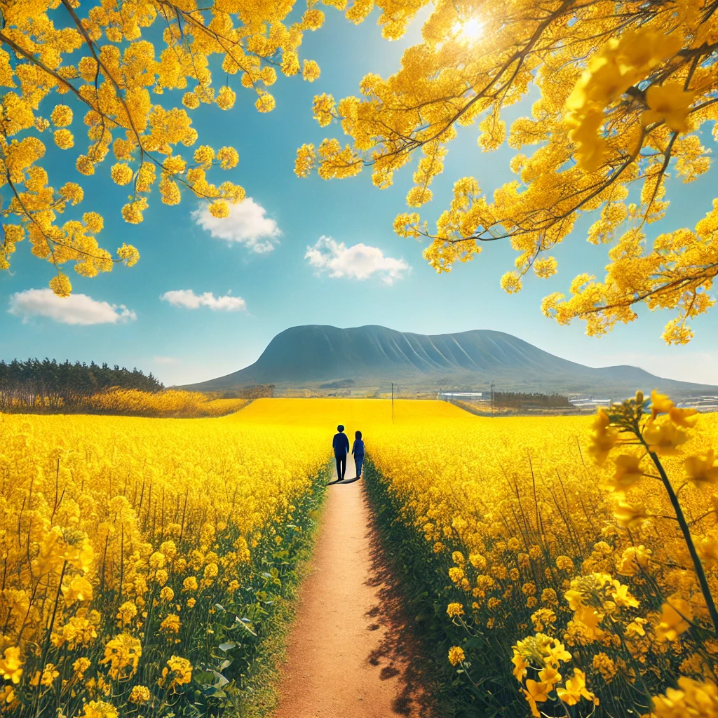 제주 유채꽃밭의 환한 봄 풍경이 담긴 장면