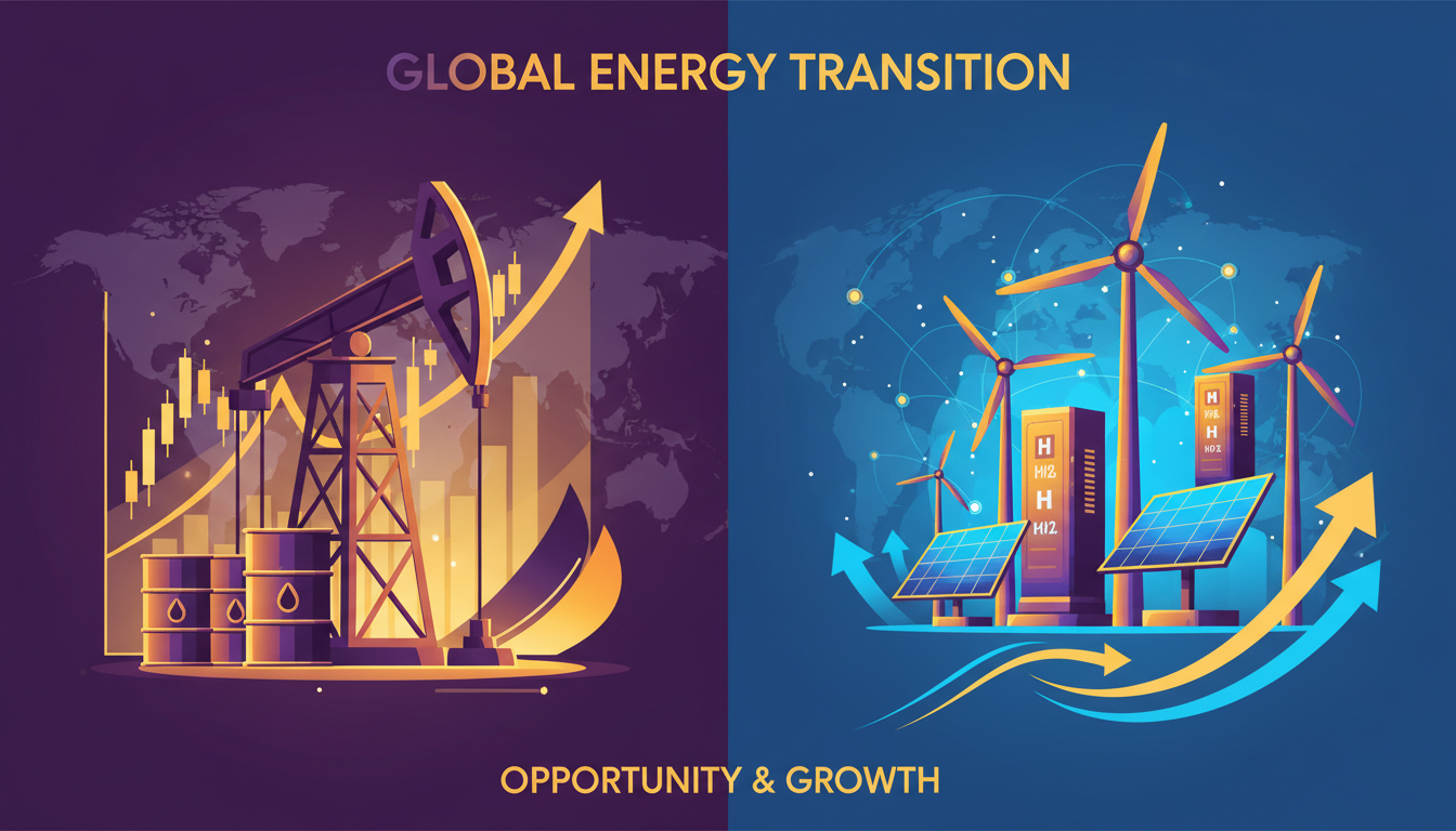 유가 관련주와 신재생에너지 주식의 투자 기회를 상징하는 그림. 유전과 주식 그래프, 태양광 패널, 풍력 터빈이 보라색과 노란색 테마로 어우러져 에너지 시장의 미래를 표현합니다.