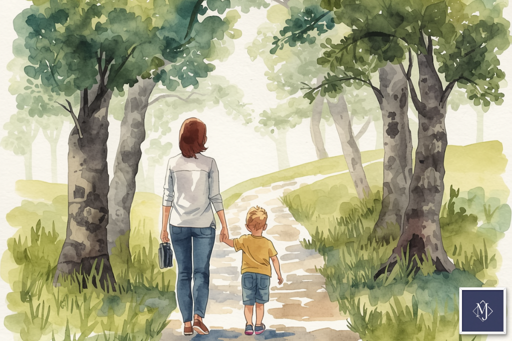 손잡고 산책하는 엄마와 아이